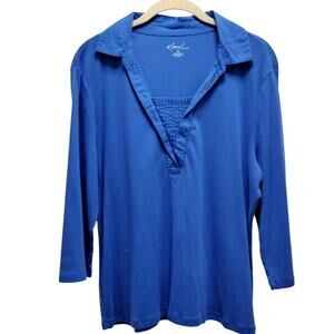 Kim Rogers 💙👕Blue V-Neck Top XL Collared 3/4 Sleeve Pintuck Shirt